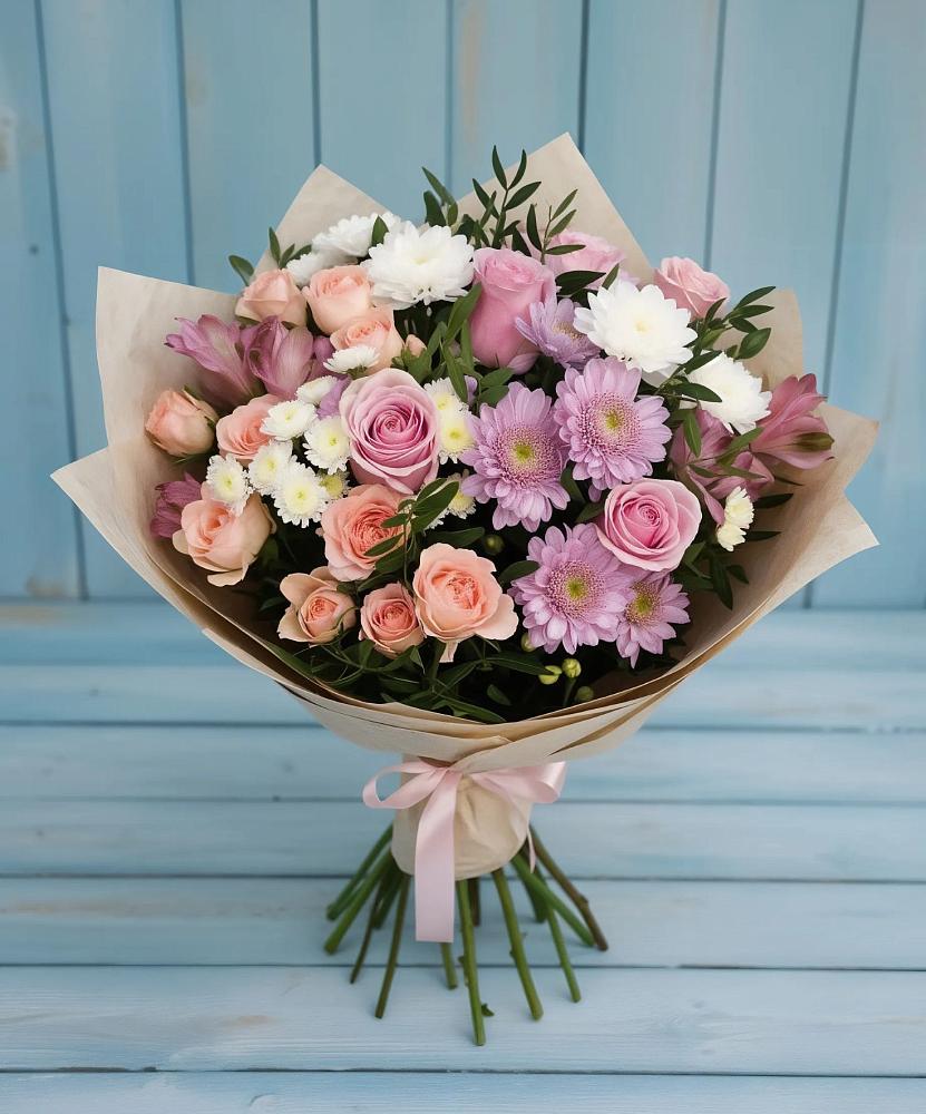 Букет цветов из: Хризантемы, Розы и Альстромерии в Кощеево