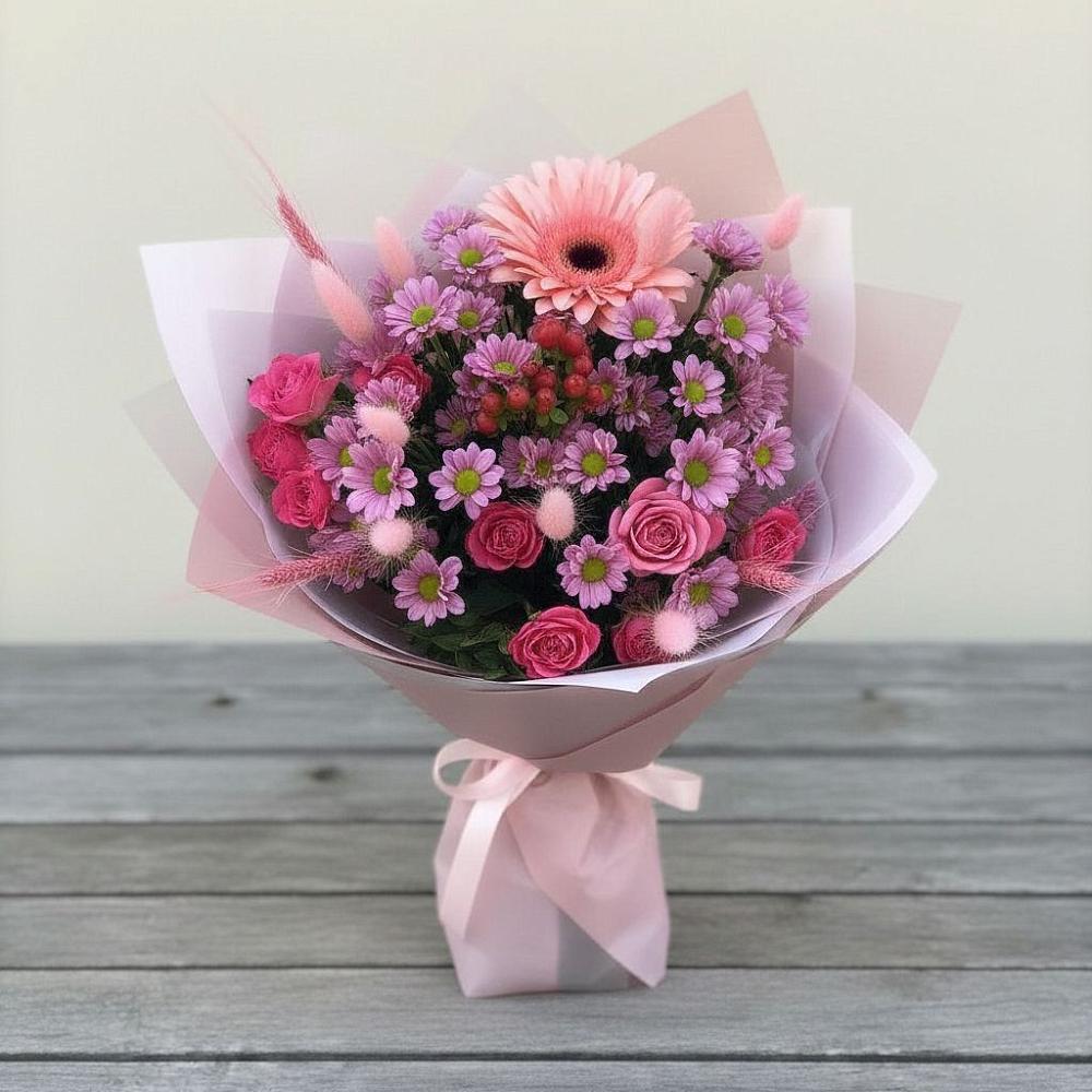 Букет цветов из: Розы, Герберы и Хризантемы в Кощеево