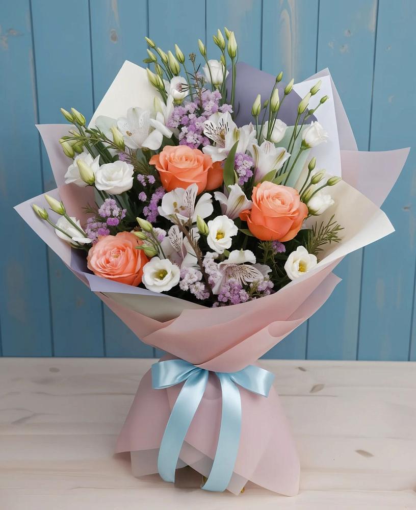 Букет цветов из: Лизиантусы, Розы, Альстромерии и Гипсофила в Кощеево