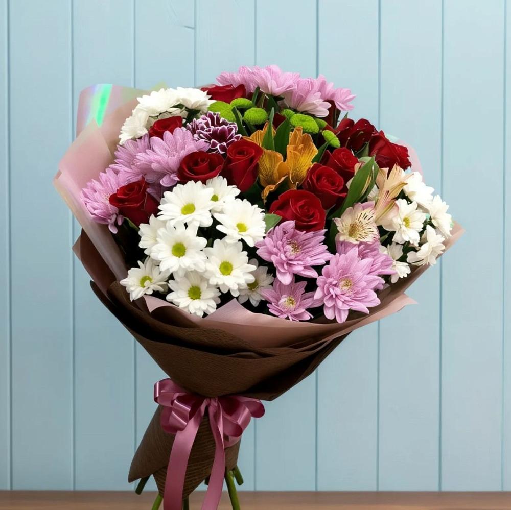 Букет цветов из: Розы, Хризантемы и Альстромерии в Кощеево