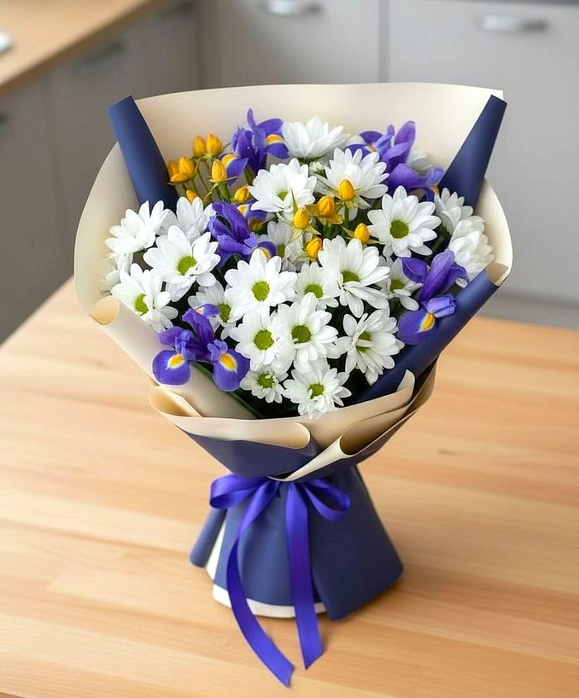 Букет цветов из: Розы, Ирисы и Хризантемы в Кощеево