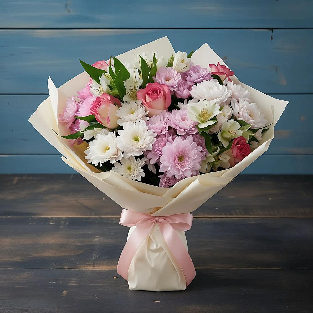 Букет цветов из: Хризантемы, Альстромерии и Розы в Кощеево